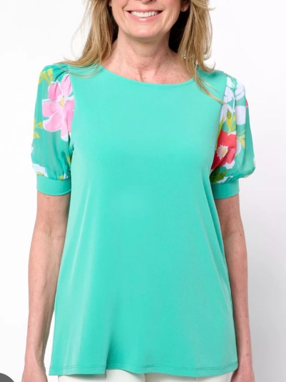 Susan Graver Teal Floral Puff Sleeve Top Size 2XP, NIB, $25